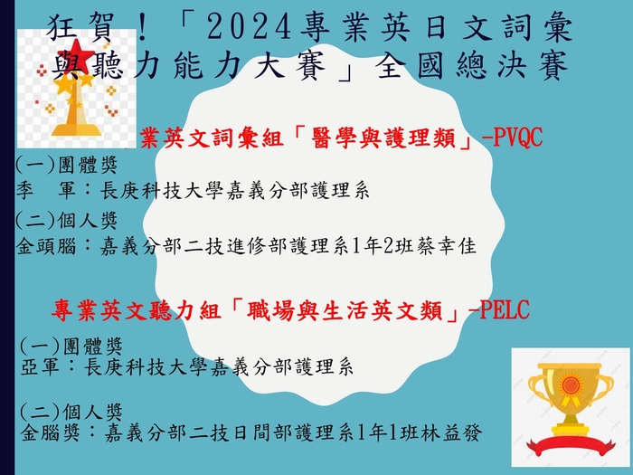 賀！通識教育中心嘉義分部通識教育學科李怡靜老師指導學生，參加師大「2024專業英日文詞彙與聽力能力大賽」全國總決賽，榮獲佳績！圖片